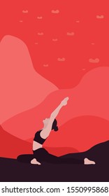 woman stretches shoulders and back standing in Asana Eka Pada Rajakapotasana, and makes pranayama exercise trendy top illustration. Relaxation, meditation exercises isolated woman, color illustration