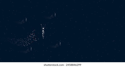 A woman stretches symbol filled with dots flies through the stars leaving a trail behind. There are four small symbols around. Vector illustration on dark blue background with stars