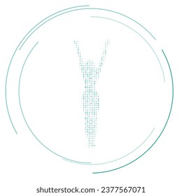 The woman stretches symbol filled with teal dots. Pointillism style. Vector illustration on white background