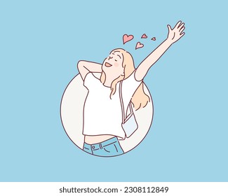  woman stretching arms is relaxing .Hand drawn style vector design illustrations.