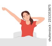 Woman stretching in bed after waking up, entering a day happy and relaxed after good night sleep. Sweet dreams, good morning. Flat vector illustration isolated on white background