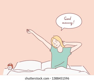 Woman stretching in bed after waking up, entering a day happy and relaxed after good night sleep. Sweet dreams, good morning. Hand drawn style vector design illustrations.