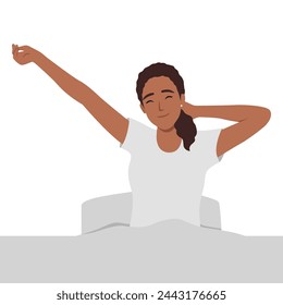 Woman stretching in bed after waking up, entering a day happy and relaxed after good night sleep. Flat vector illustration isolated on white background 