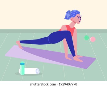 Woman stretching. Doing low lunge exercise on mat. Girl practicing yoga. Enjoying sport. Flexibility workout. Cartoon style vector.