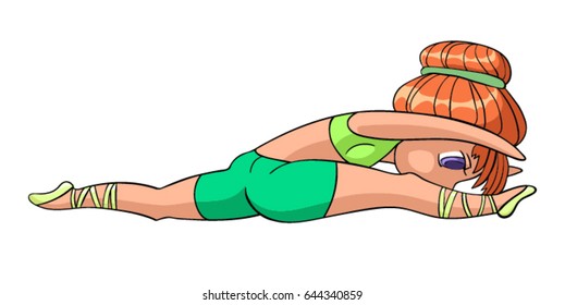 Woman is stretching and doing the split. Vector illustration isolated on white background. Character design in manga comics and anime cartoons style. Chibi girl goes in for sports.