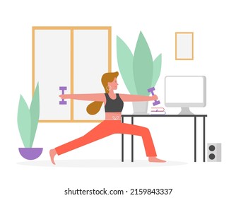 Woman stretching with dumbbells. Yoga practising, home training vector illustration