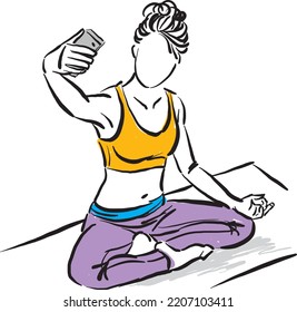 woman stretching exercises taking picture with cellphone fitness concept vector illustration