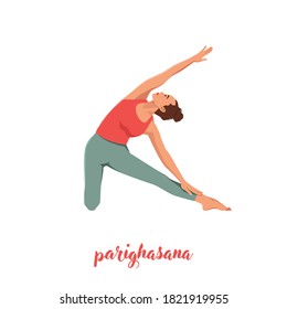 Woman stretching in Gate exercise, Parighasana pose, working out, Flat vector illustration isolated on white background