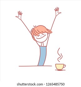 A woman stretching. Girl with coffee in the morning. Vector.