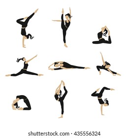 Woman stretching,  gymnastic, exercises, sport, Pilates, jumping, dancing. Girl doing exercises. Girl stretching in different poses.