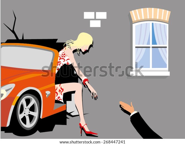 A woman stretching helping hand to a man\'s\
hand from a car illustration