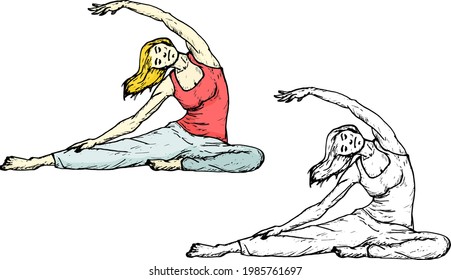 Woman stretching her body. Hand drawn vector illustration.