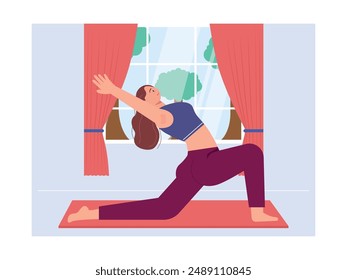 A woman is stretching her body at home, exercising everyday to maintain her body. Character design. Vector flat illustration