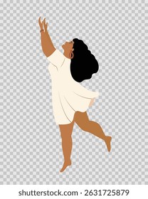 Woman stretching her hands to the sky. Body positive girl in white dress. Striving for success and dream. Vector illustration in boho style isolated on transparent background