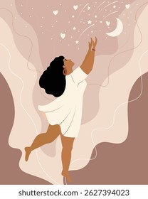 Mulher esticando as mãos para as estrelas. Corpo positivo menina, motivador para lutar por seu sonho, sucesso. Pegue sua estrela. Ilustração vetorial em estilo boho