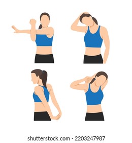 Woman stretching her neck  arms   shoulders  hand  Flat vector illustration isolated white background