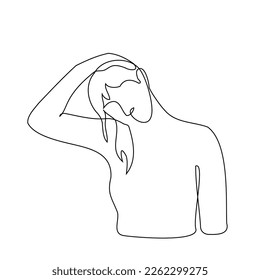 woman stretching her neck    one line drawing  concept warm up for the neck  morning exercises