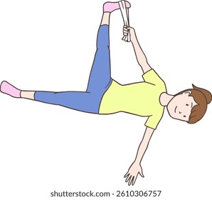 Woman stretching the inside of her leg with a towel