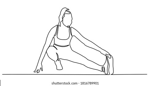Woman stretching legs fitness. Continuous one line drawing. Vector illustration. Woman stretching her legs and arms on yoga exercise. Energetic girl doing exercise in yoga continuous one line drawing.