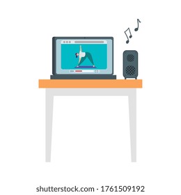 woman stretching movements to flex stiff muscles and refresh the mind on line, in laptop vector illustration design