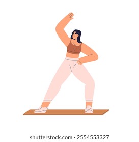 Woman stretching on mat. Fitness workout, yoga and pilates pose. Morning training and activity. Healthy girl doing physical exercise, warming up. Flat vector illustration isolated on white background