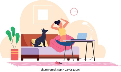 Woman stretching on sofa. Home exercise after computer work isolated on white background