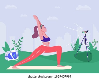 Woman stretching outdoor. Doing  meditation on mat. Girl practicing yoga online. Enjoying video course. Flexibility workout. Live stream. Cartoon style vector.