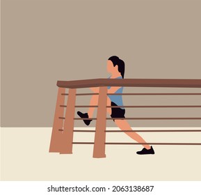 Woman stretching outdoors in park. Healthy young woman warming up outdoors. Flat cartoon colorful vector illustration.