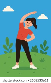 "Woman stretching in the park" A woman is stretching her body in a grassy field under a bright sky.