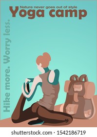 Woman stretching in a pose at the top of the mountain. Yoga camp girl with a backpack hiking and relaxing doing sport, flat illustration. 