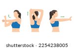 Woman stretching posture for aches treatment at shoulder, arm, neck and back. Flat vector illustration isolated on white background