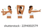 Woman stretching posture for aches treatment at shoulder, arm, neck and back. Flat vector illustration isolated on white background
