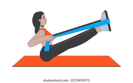 Woman stretching with resistance band on yoga mat cartoon flat illustration. Flexibility strength. Middle eastern fitness girl 2D character isolated on white background. Vector colorful image