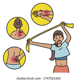 A woman is stretching using rubber band. Pain by body part. hand drawn style vector design illustrations. 