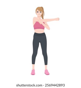 Woman stretching to warm up or cool down before or after exercise. Flat vector Character Illustration