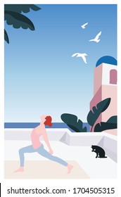 A woman stretching while watching the ocean view - a concept illustration of exercise, yoga, pilates, fitness, activities