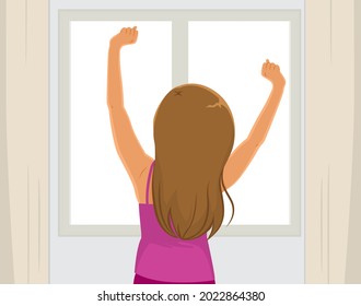 Mujer estirando en la ventana retrospectiva relajado después del buen sueño noche buen concepto mañana