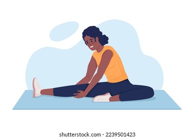 Woman stretching workout 2D vector isolated illustration. Flexibility exercises. Fitness flat character on cartoon background. Colorful editable scene for mobile, website, presentation