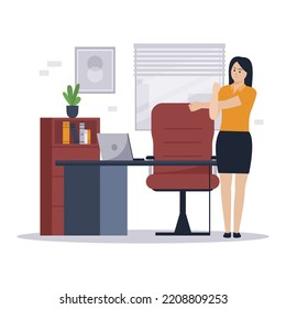 Woman stretching at workplace. Illustration for websites, landing pages, mobile applications, posters and banners. Trendy flat vector illustration