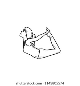 Woman stretching in yoga bow pose hand drawn outline doodle icon. Stretching, relaxation, fitness concept. Vector sketch illustration for print, web, mobile and infographics on white background.