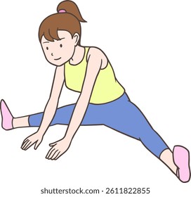 A woman stretching in a yoga pose, bending forward with her legs apart
