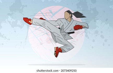 A woman strikes in flight. A woman in a kimono and protective elements on her hands and feet. A woman in karate.