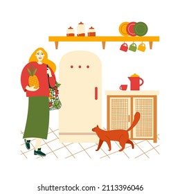 Woman with string bag and pineapple standing in the kitchen.  Zero-waste, eco-friendly lifestyle.  Vector flat illustration with people healthy vegetarian eating