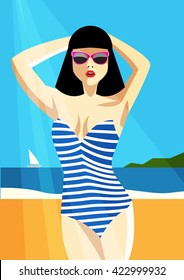 Woman in a striped bathing suit on the beach. Vector illustration