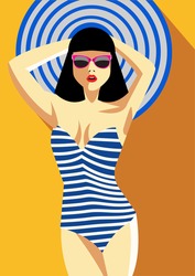 Woman In A Striped Bathing Suit. Vector Illustration