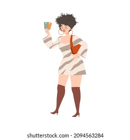 Woman in Striped Dress and Heeled Boots Waiting or Standing in Queue or in Line for Nightclub Vector Illustration