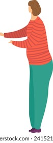 Woman in striped shirt gesturing with her hand, casual style, side view. Female presenting or showing something, simple character design vector illustration.