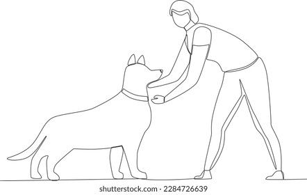 A woman strokes her dog's neck. Walking or playing with dog one-line drawing