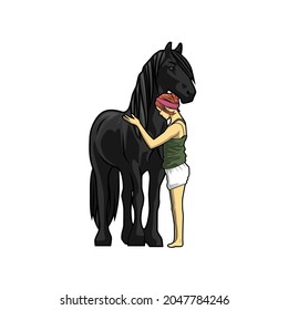 woman stroking a black horse vector illustration design