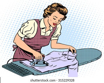 Woman stroking home a clothes iron. Housewife uses the home appliance. Retro style pop art